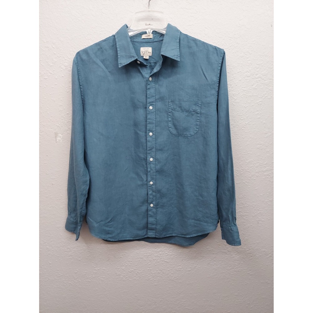 J Crew Linen Shirt Men XL Blue Long Sleeve Classic Fit Long Sleeve Pocket Preppy